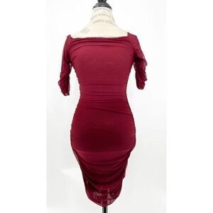 IRIS Deep Red Bodycon Ruched Off-the-shoulder Mini Dress SMALL